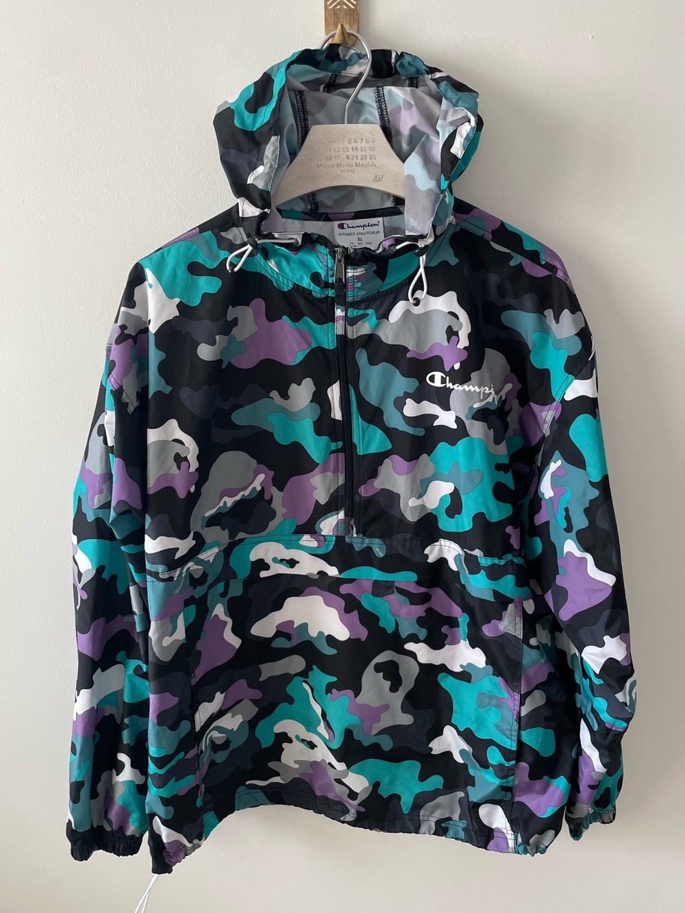 Champion Mens Stadium Packable Anorak XL Teal Purple Camo Half Zip Windbreaker